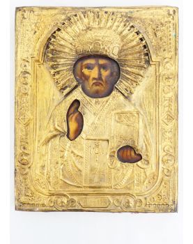 Icône Saint Nicolas XIXe Siècle en Laiton Repoussé