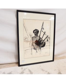 Bagpipe Player in Diluted Ink Signed Lh. LEMIRRE