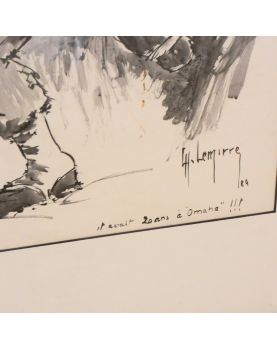 Soldat Américain Omaha à l’Encre Diluée Signé Lh. LEMIRRE