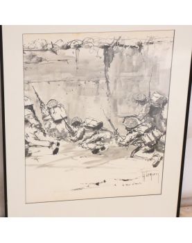 Le Mur d’Omaha à l’Encre Diluée Signé Lh. LEMIRRE