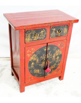 Petit Meuble Asiatique Laqué Rouge 2 Portes 2 Tiroirs