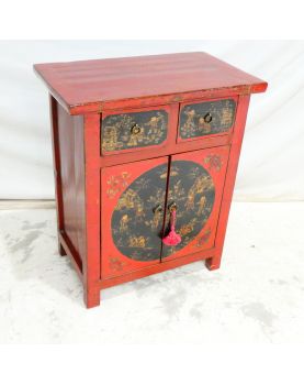 Petit Meuble Asiatique Laqué Rouge 2 Portes 2 Tiroirs