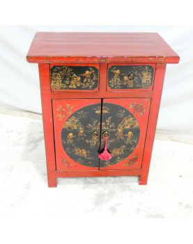 Petit Meuble Asiatique Laqué Rouge 2 Portes 2 Tiroirs