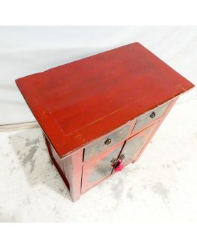 Petit Meuble Asiatique Laqué Rouge 2 Portes 2 Tiroirs