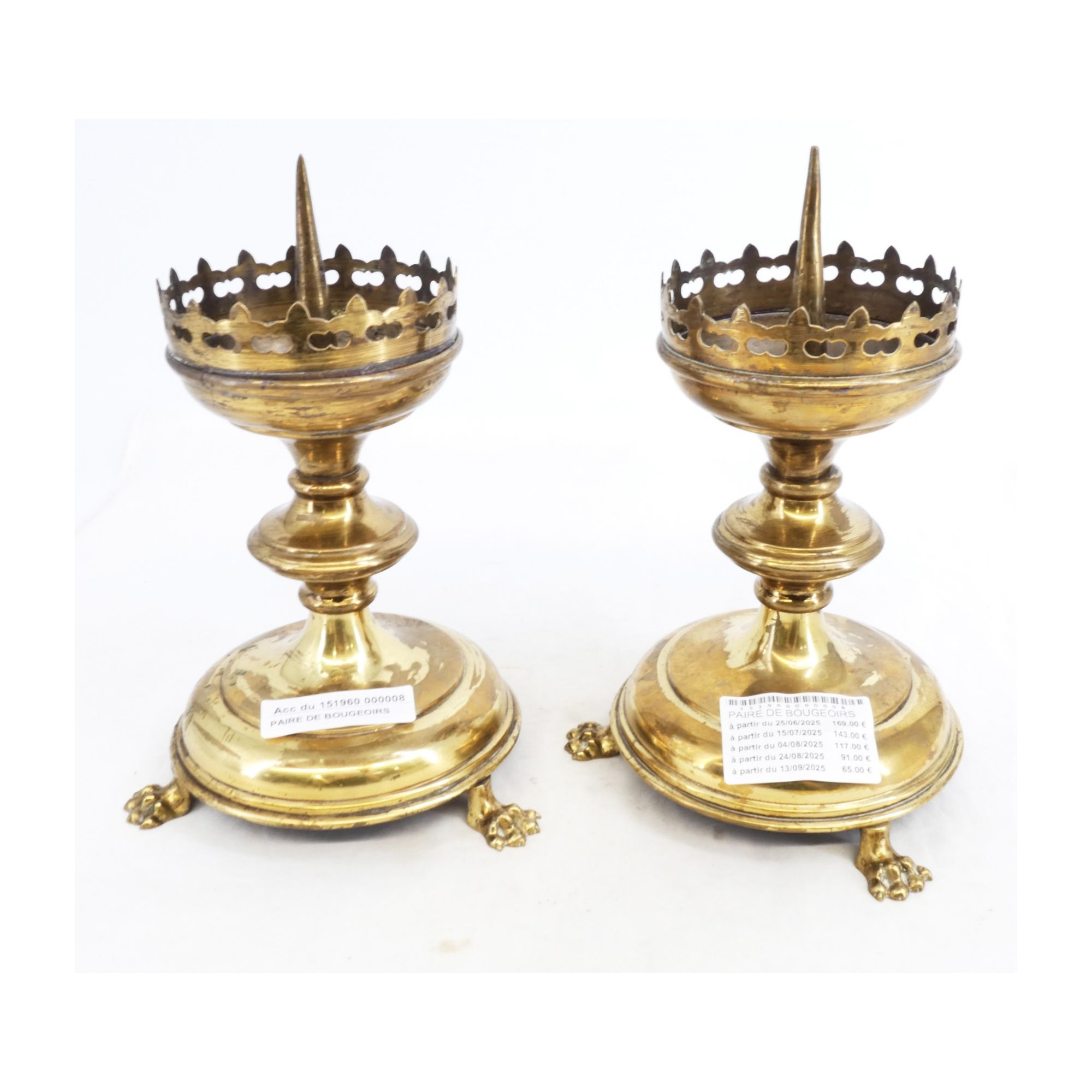 Pair of Brass Altar Candlesticks with Lion's Paw Tripod Legs Pair of Brass Altar Candlesticks with Lion's Paw Tripod Legs