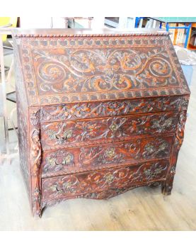 19th Century Carved Secretary with 3 Glass Top Drawers