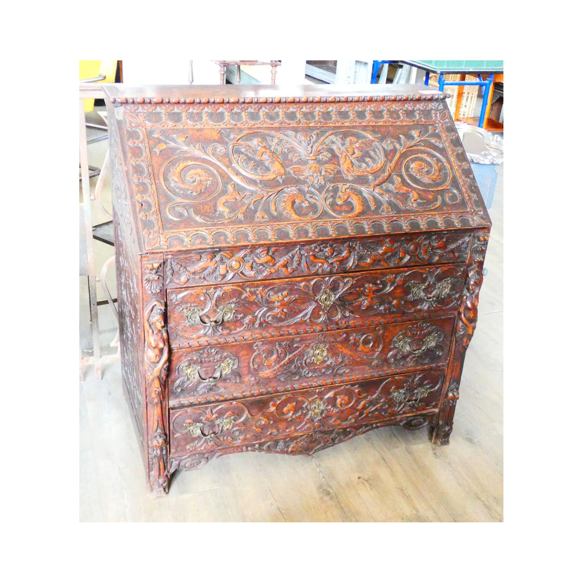 19th Century Carved Secretary with 3 Glass Top Drawers 19th Century Carved Secretary with 3 Glass Top Drawers