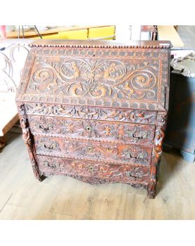 19th Century Carved Secretary with 3 Glass Top Drawers