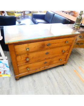 Commode Secrétaire XIXe Siècle 3 Tiroirs en Merisier avec Plaque en Verre