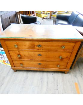 Commode Secrétaire XIXe Siècle 3 Tiroirs en Merisier avec Plaque en Verre
