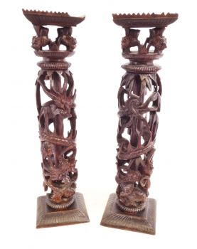 Pair of Asian Ornate Wooden Ornaments