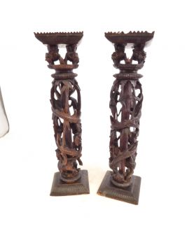 Paire d’Ornements en Bois Ouvragé Asiatique