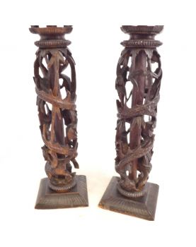 Pair of Asian Ornate Wooden Ornaments
