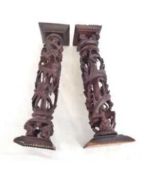 Pair of Asian Ornate Wooden Ornaments