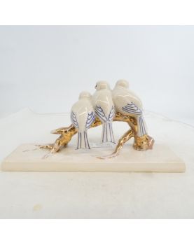 Sujet aux Oiseaux en Faïence Polychrome Signé Emile ROUFF