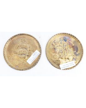 Pair of small brass medallions decor sailboats